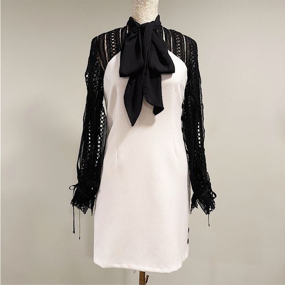 SELF-PORTRAIT Black & White Monochrome Crepe Bow Longsleeve Mini Dress Size 4 - Picture 3 of 16